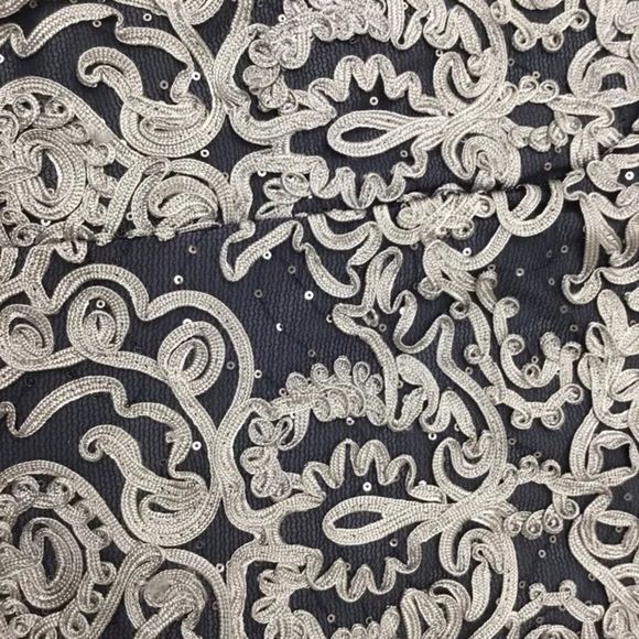 ALEX EVENINGS NAVY BLUE SILVER ROSETTE EMBROIDERED FLARE DRESS size 14P - Picture 6 of 10